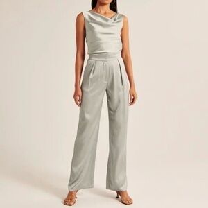 NWT 2pc Abercrombie & Fitch sage green satin wide-leg pant and cowl-neck top set